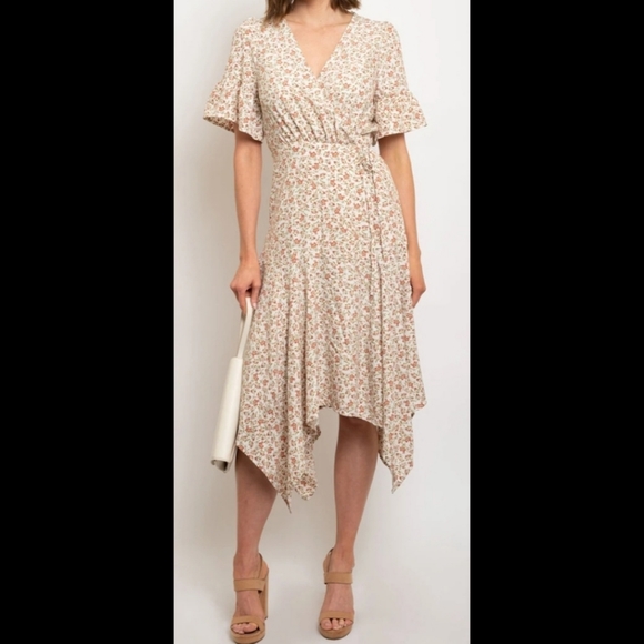 014 20 start White boho ditsy floral v-neck ruffle wrap waist midi dress - Picture 4 of 11